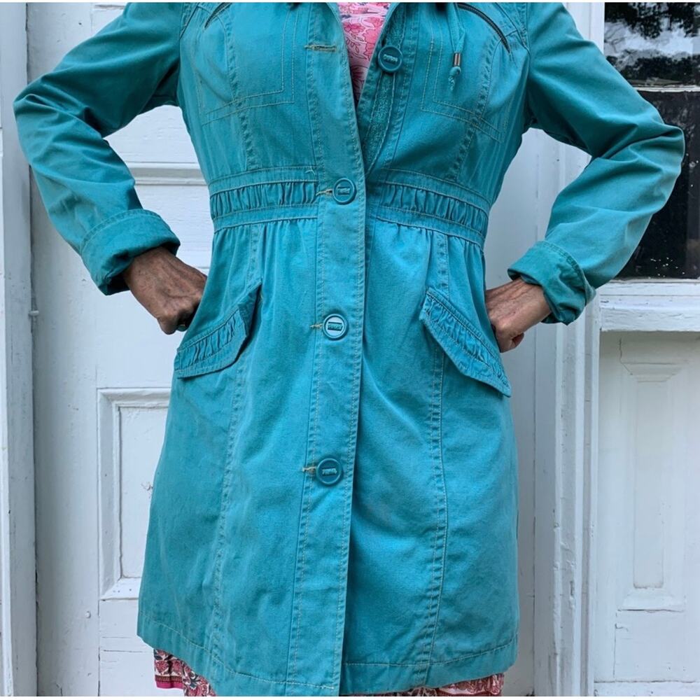 Tulle Spring Jacket Hooded Fully Lined Button Front Womens Size Small L7515 Blue